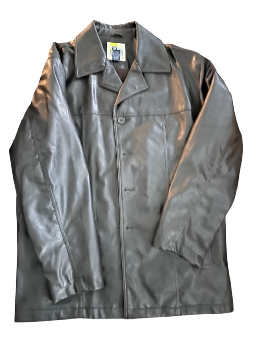 Men's Gray Faux Leather Trench Coat - Classic Button Front